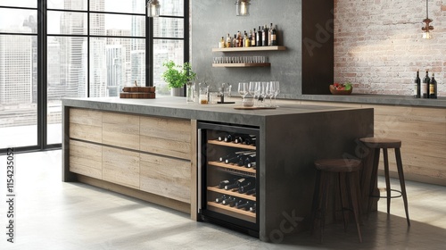 Modern kitchen interior design with elegant wine cooler and bar area