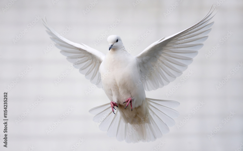 Obraz premium A white dove in mid-flight, with its wings fully spread out. The dove appears to be hovering just above a textured surface, possibly a wall or a fabric, with a soft, muted background. 
