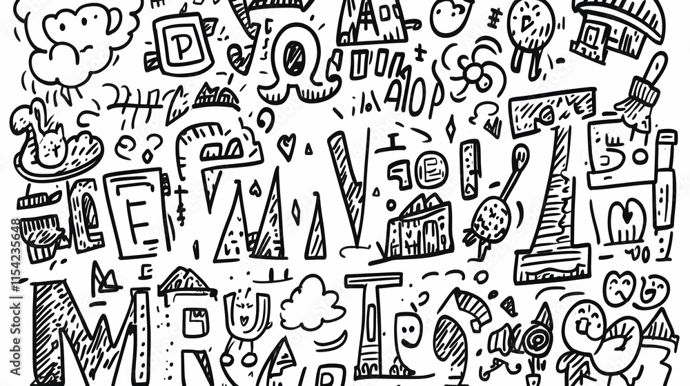 Hand-drawn doodle background illustration with various objects and letters, perfect for website design or print. Hand-drawn doodle background illustration with various objects and letters, perfect for website design or print.