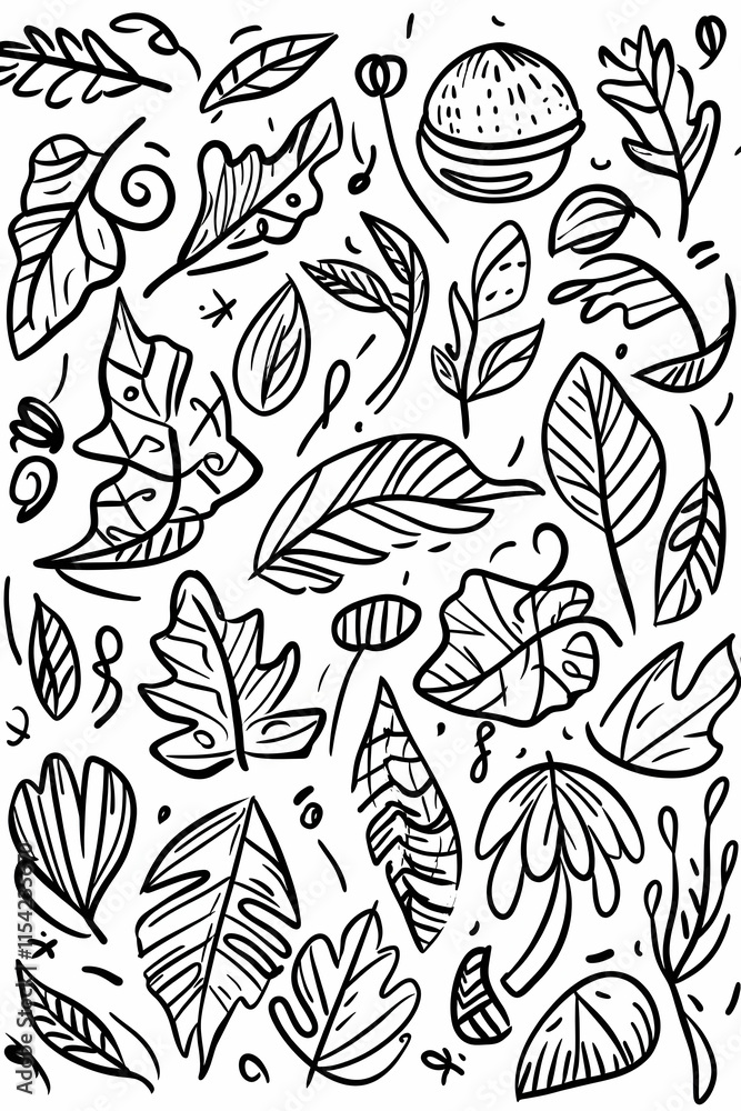 Hand-drawn doodle leaf pattern background for design. Hand-drawn doodle leaf pattern background for design.
