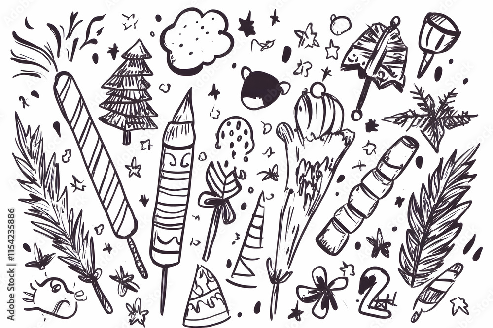Naklejka premium Hand-drawn festive doodles; fireworks, candy, party; white background; design elements.