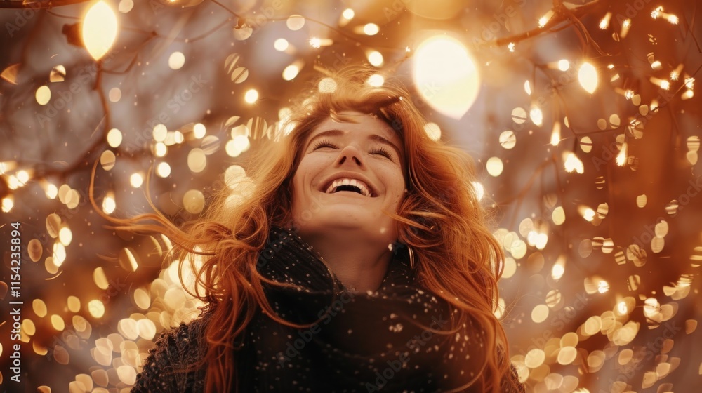 Joyful redhead woman laughing under twinkling lights. Joyful redhead woman laughing under twinkling lights.