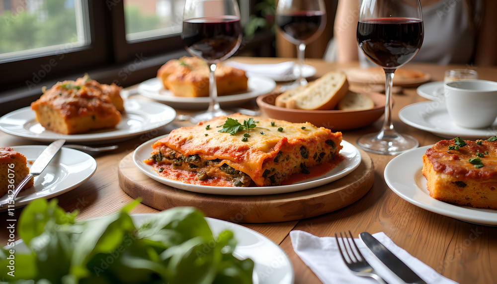 Hot serving of cheesy lasagna fresh from the oven Hot serving of cheesy lasagna fresh from the oven