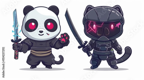 illustraction of techwear chibi panda ninjas robot mecha future JAPANESE VIBE detailed design for streetwaer and urban style t-shirts design photo