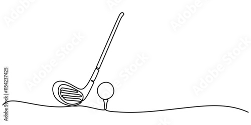 Golf stick line continuous drawing vector. One line Golf stick icon vector background. Golf club icon. Continuous outline of a Golf club, Golf putter continuous one line drawing, Golf line icon. 