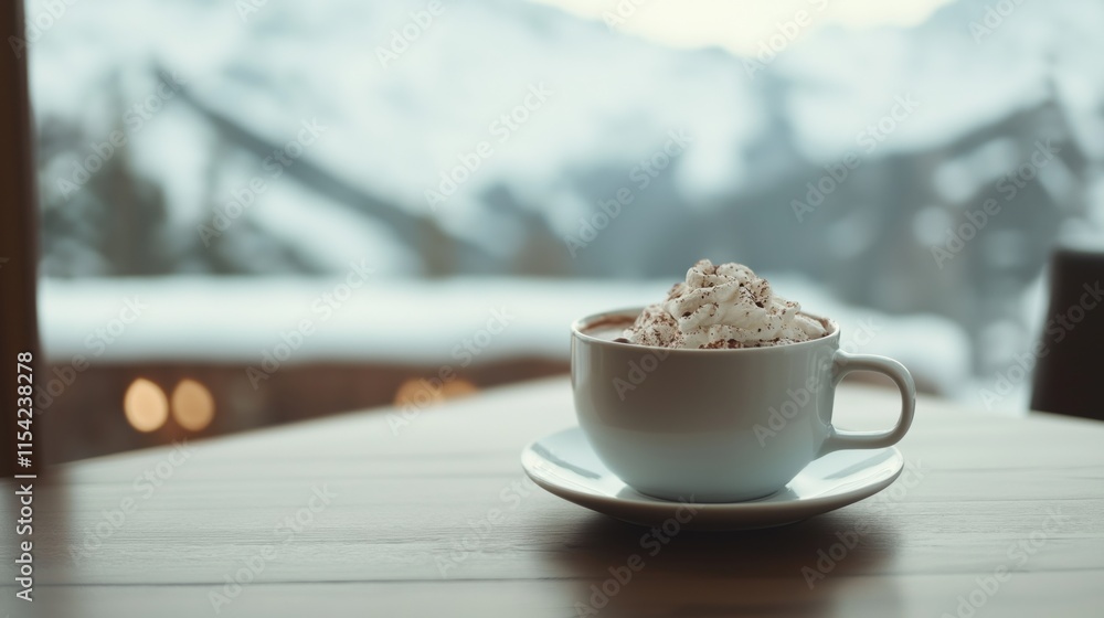 Cozy winter hot chocolate with whipped cream in mountain lodge setting Cozy winter hot chocolate with whipped cream in mountain lodge setting