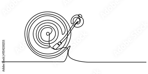 Vinyl LP record in one line art drawing style. Vector illustration, Vinyl record player turntable one line art. Continuous line drawing of analog audio player, retro music turntable vinyl disc jockey.