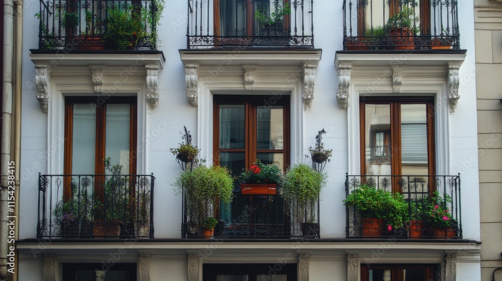 Charming Urban Facade with Balconies and Lush Greenery in City Charming Urban Facade with Balconies and Lush Greenery in City