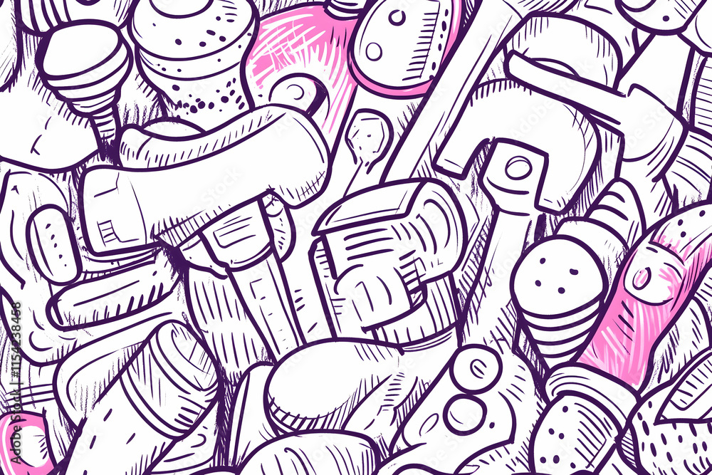 Hand-drawn tools background, workshop clutter, DIY project, purple & pink, website texture. Hand-drawn tools background, workshop clutter, DIY project, purple & pink, website texture.