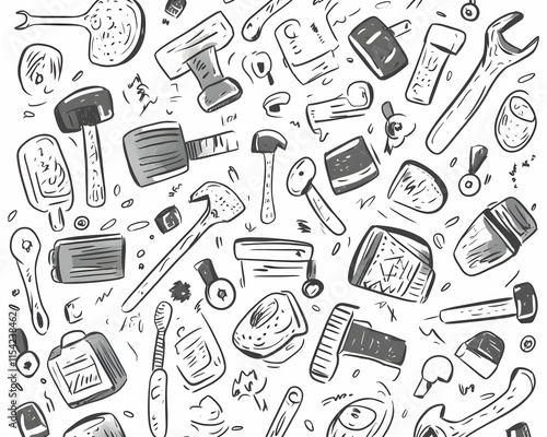 Hand-drawn tools background, workshop doodles, DIY project, grey scale, seamless pattern. photo