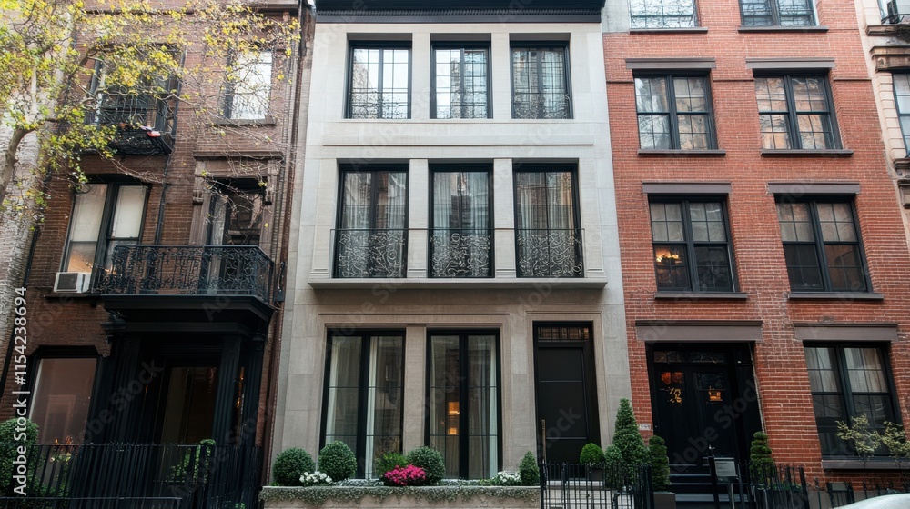 Fototapeta premium Modern Townhouse with Elegant Architecture and Urban Surroundings