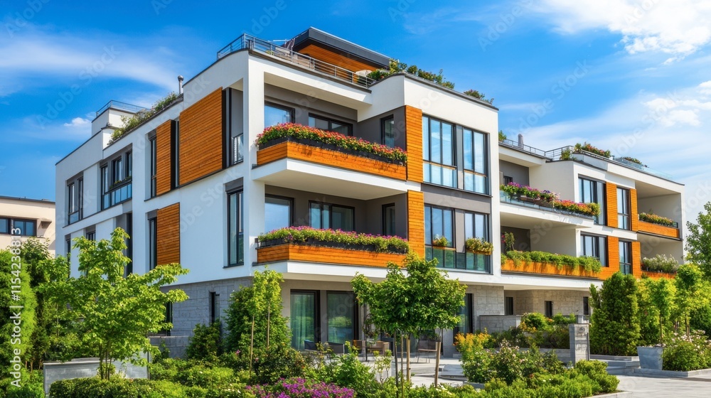 Obraz premium Modern Residential Building with Greenery and Blue Sky Aesthetic