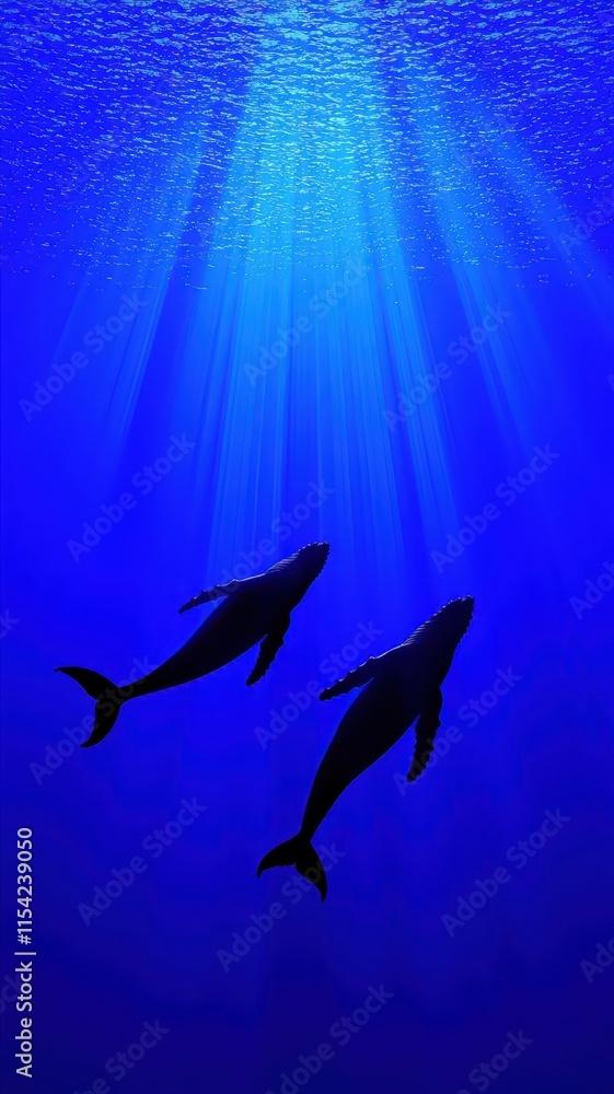 Obraz premium Two silhouettes of dolphins swim gracefully underwater, illuminated by beams of light piercing through the deep blue ocean.
