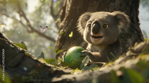 Cute koala holding a green eucalyptus leaf in a sunlit forest. photo