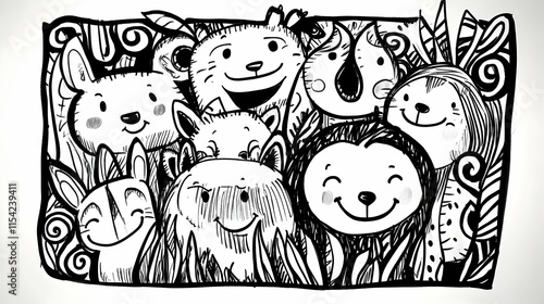 Fototapeta Naklejka Na Ścianę i Meble -  Happy cartoon animals jungle doodle illustration, nature background, kids book.