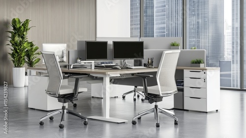 Modern Office Workspace with Dual Monitors and Minimalist Design