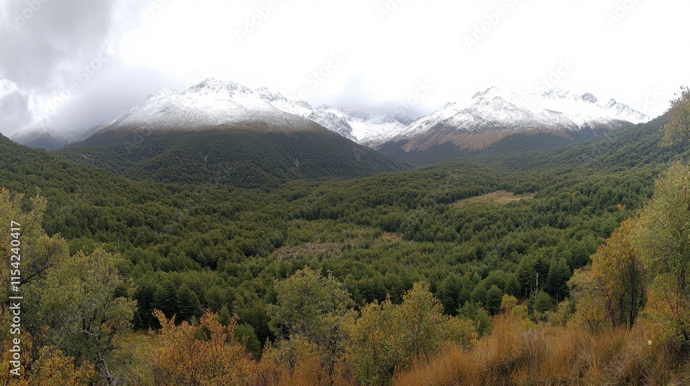 Snow-Capped Mountains Overlooking Lush Green Valley During Autumn Snow-Capped Mountains Overlooking Lush Green Valley During Autumn