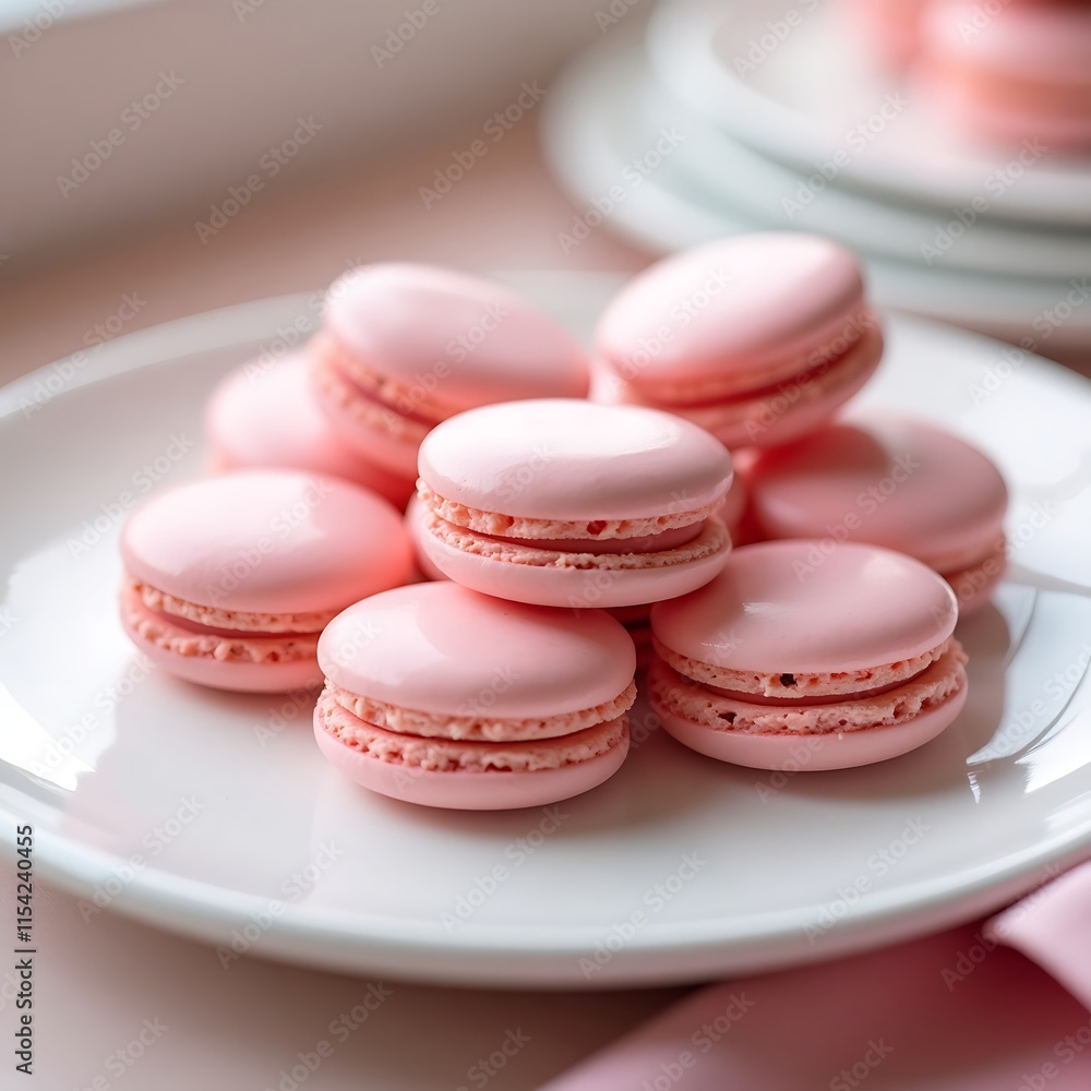 Obraz premium Elegant Pink Macarons on a White Plate: Dreamy Pastel Close-Up in 8K