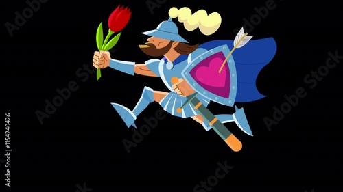 The running knight with a flower. Animation of a knight in love with a flower in his hand who runs fast