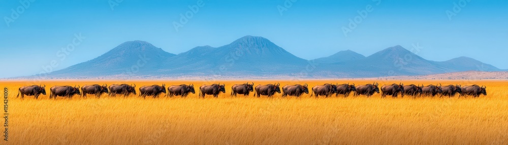 Fototapeta premium A line of silhouettes moves across a vast, golden landscape under a bright blue sky, with mountains in the background, creating a serene and picturesque scene.