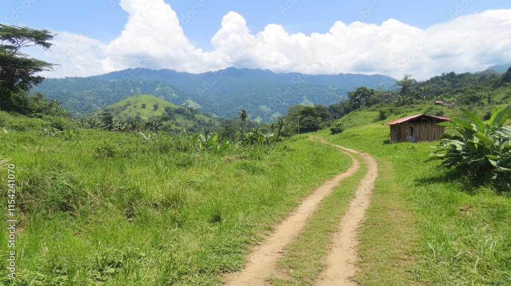 Obraz premium Scenic Rural Landscape with Dirt Path and Green Hills Under Blue Sky