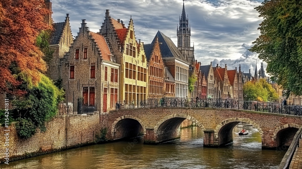 Naklejka premium Charming Historic Architecture by Waterway in Scenic European Town