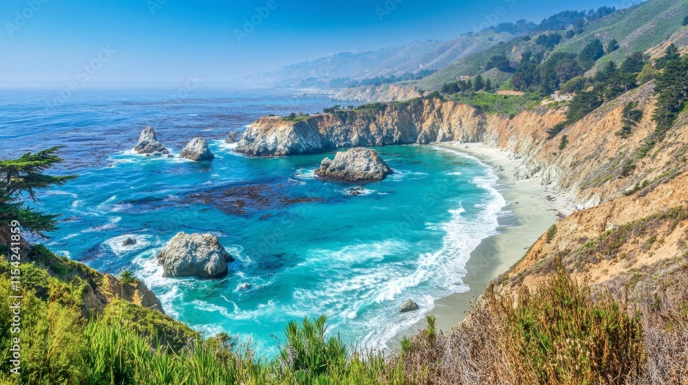Serene Coastal Landscape with Turquoise Waters and Rocky Shoreline Serene Coastal Landscape with Turquoise Waters and Rocky Shoreline