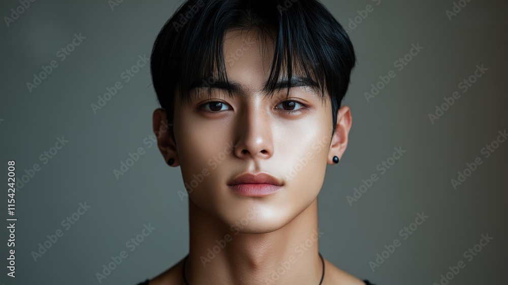 Young man with straight black hair poses confidently in a minimalistic setting Young man with straight black hair poses confidently in a minimalistic setting