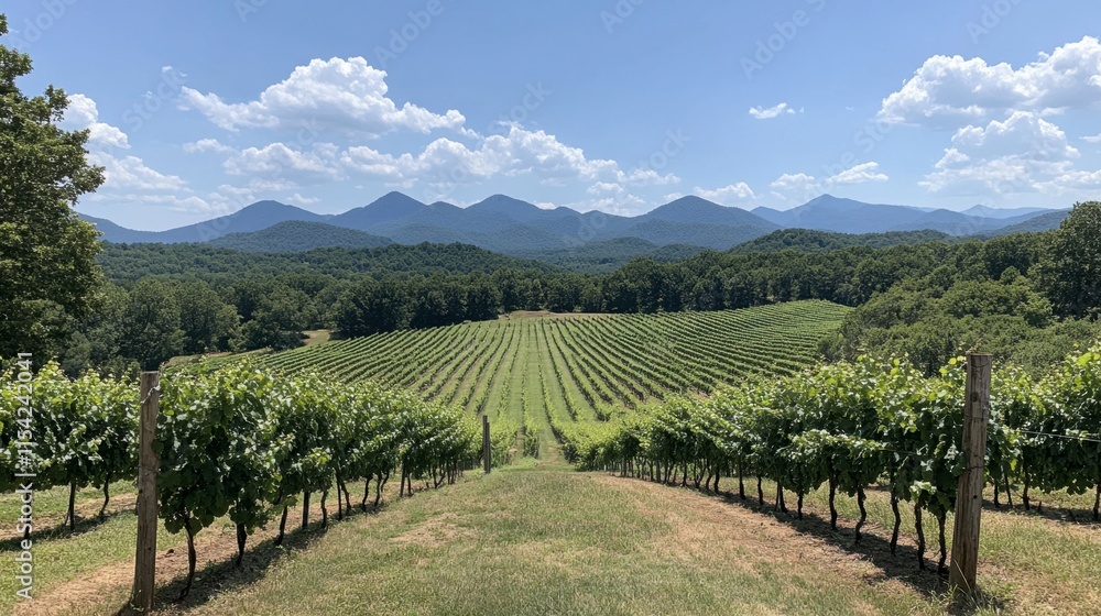 Fototapeta premium Scenic Vineyard Landscape with Mountains and Blue Sky in Summer