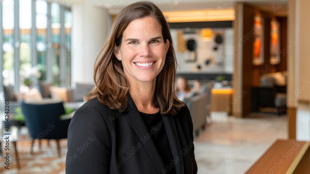 Fototapeta premium Smiling businesswoman in modern lobby.