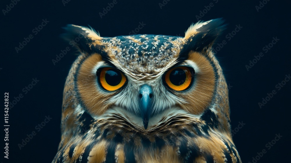 A stunning close-up of a horned owl, highlighting its sharp features and piercing yellow eyes. The dark background enhances the owl's intense gaze, creating a dramatic wildlife portrait.. AI A stunning close-up of a horned owl, highlighting its sharp features and piercing yellow eyes. The dark background enhances the owl's intense gaze, creating a dramatic wildlife portrait.. AI