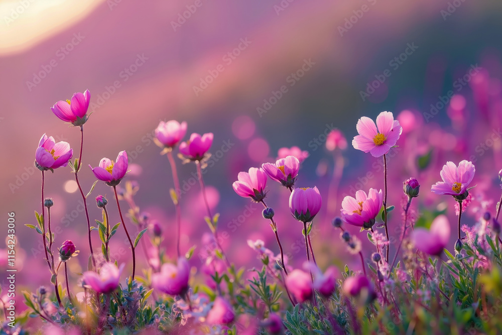 Fototapeta premium A field of pink flowers with the sun setting in the background