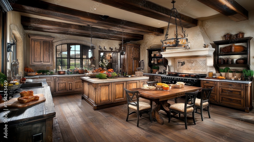 Elegant Rustic Kitchen Interior with Wooden Cabinetry and Island Elegant Rustic Kitchen Interior with Wooden Cabinetry and Island