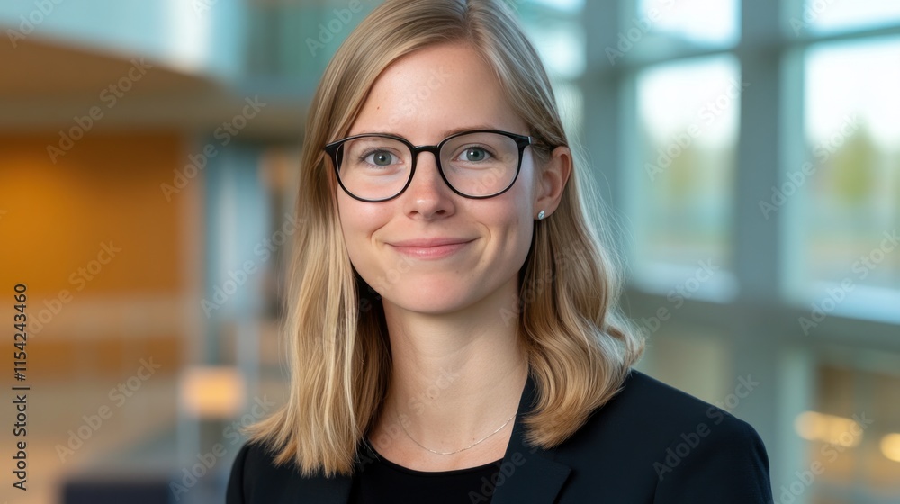 Portrait of a smiling young woman wearing glasses in a modern office. Portrait of a smiling young woman wearing glasses in a modern office.