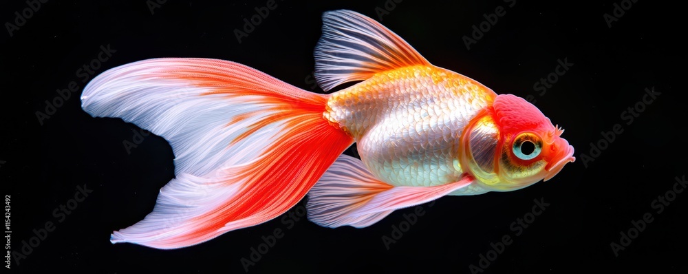 A vibrant goldfish with red and white fins swims gracefully against a black background, showcasing its beautiful colors and unique shape. A vibrant goldfish with red and white fins swims gracefully against a black background, showcasing its beautiful colors and unique shape.