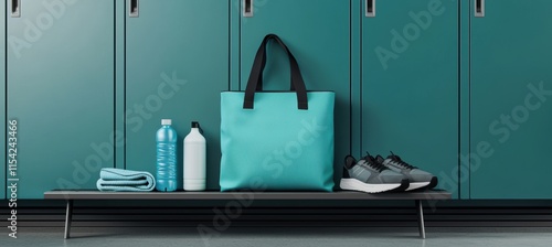 Modern Gym Essentials: Sporty Tote Bag with Athletic Gear in Sleek Locker Room Setting photo