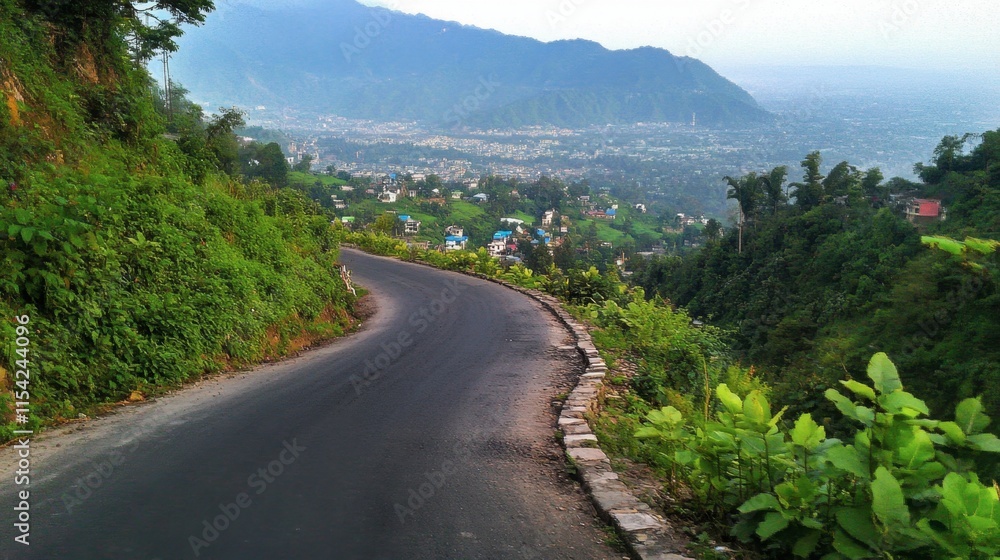 Serene Mountain Road with Scenic Valley View in Lush Greenery Serene Mountain Road with Scenic Valley View in Lush Greenery