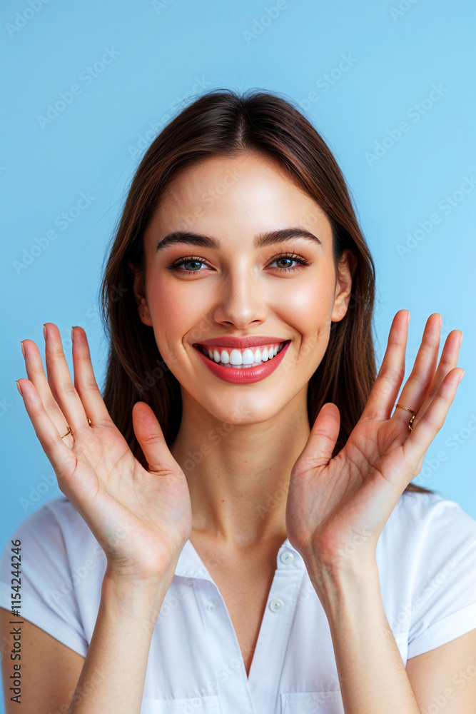 A beautiful American woman with perfect teeth is smiling and showing her hands on a blue background A beautiful American woman with perfect teeth is smiling and showing her hands on a blue background