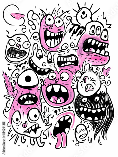 Pink Doodle Monsters, Screaming Faces, White Background, Graphic Design, T-Shirt Print.