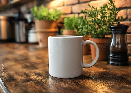 A plain white mug on a kitchen counter, suitable for displaying graphic designs or logos.