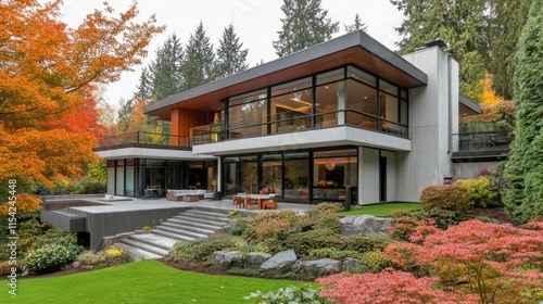 Modern house surrounded by vibrant autumn foliage in serene setting