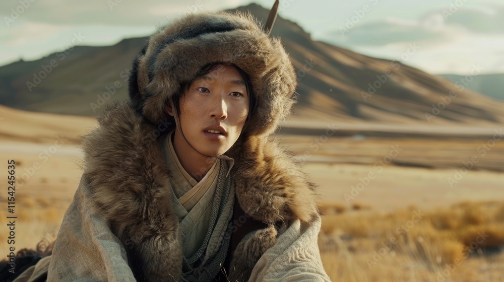 Young nomad in fur hat, gazing across vast steppe landscape. Young nomad in fur hat, gazing across vast steppe landscape.