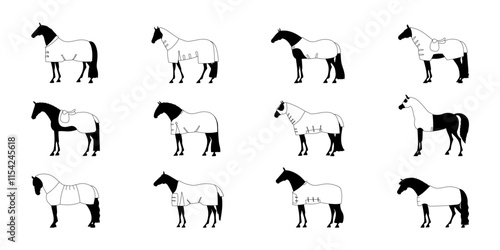 Set of black and white vector illustrations of horses in various blankets and saddles, isolated on a white background