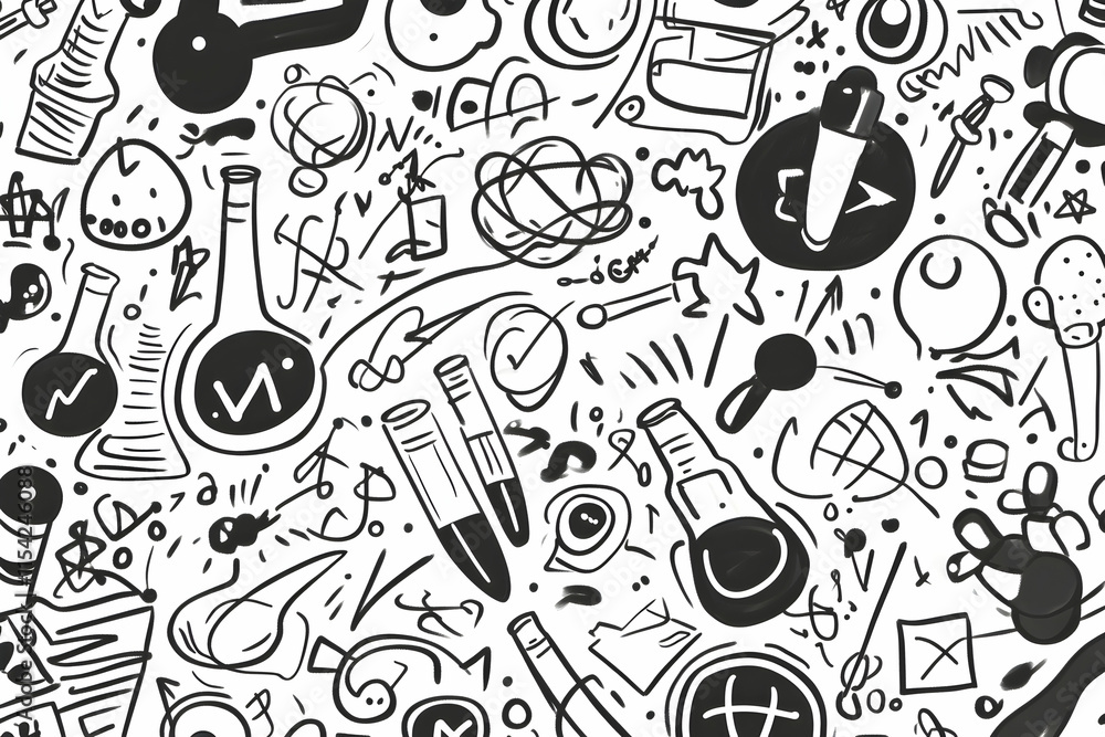 Obraz premium Science Doodle Background Abstract hand-drawn science elements, white background, seamless pattern, ideal for website design.