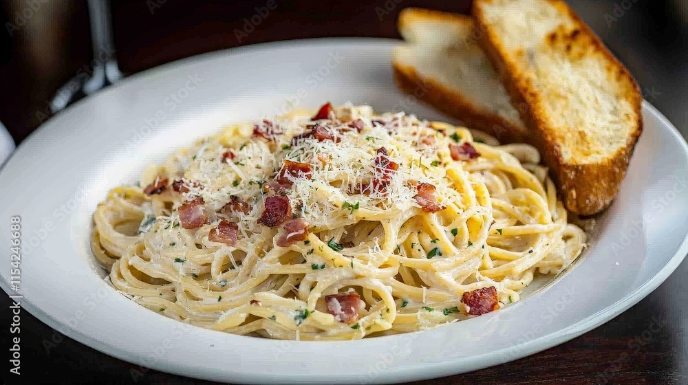 Creamy pasta dish with bacon and parmesan cheese, served with garlic bread. Creamy pasta dish with bacon and parmesan cheese, served with garlic bread.