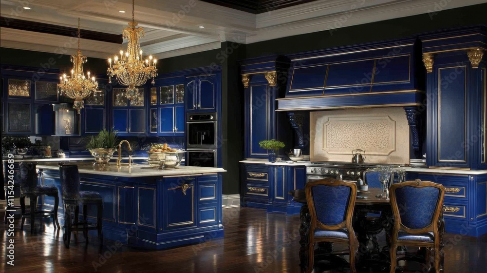 Fototapeta premium Elegant Blue Kitchen with Luxury Design and Stunning Chandeliers