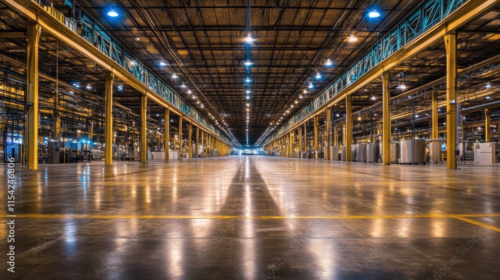 Spacious Empty Warehouse with High Ceilings and Industrial Lighting Spacious Empty Warehouse with High Ceilings and Industrial Lighting