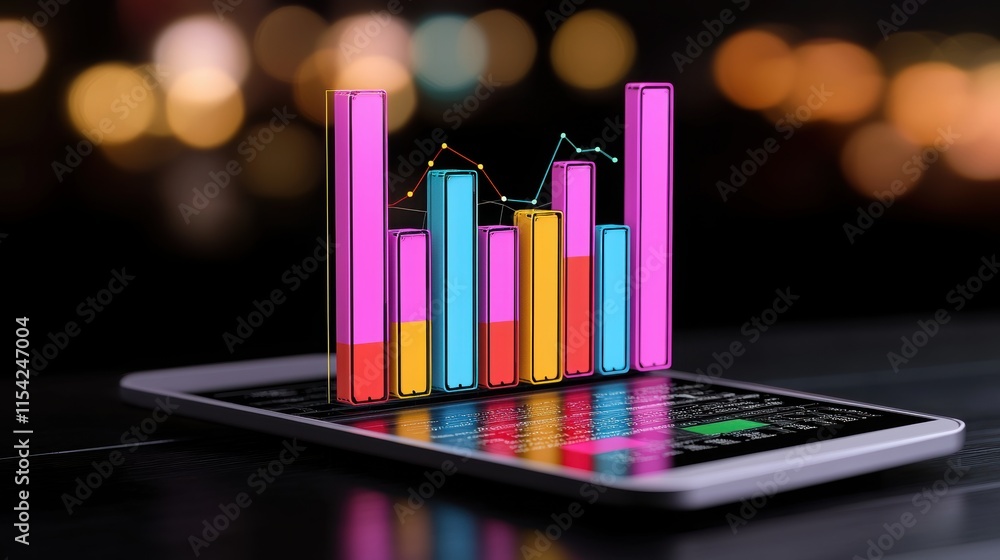 Obraz premium Vibrant digital graph displayed on a tablet, showcasing data analytics in a modern business environment.