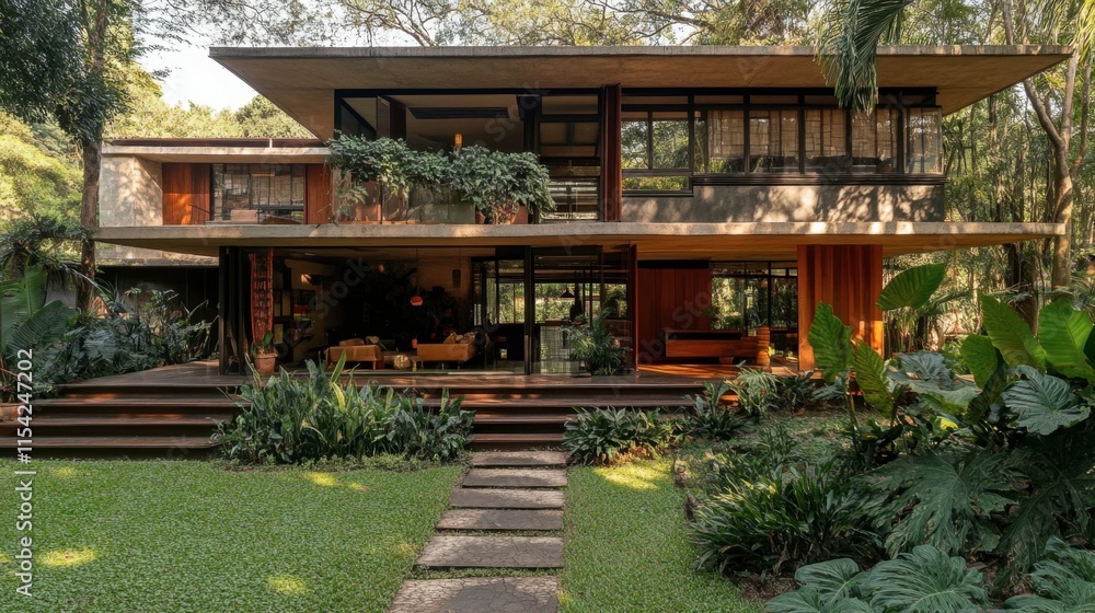 Modern Architectural House Surrounded by Lush Greenery and Plants Modern Architectural House Surrounded by Lush Greenery and Plants