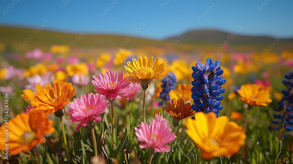 Obraz premium Colorful Wildflowers Bloom Under Blue Sky